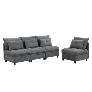 Canapé Modulable 4 Places Convertible Avec Rangement, Fonction Lit Et Coussins Chenille, Gris