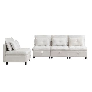 Canapé Modulable 4 Places Convertible Avec Rangement, Fonction Lit Et Coussins Chenille, Blanc