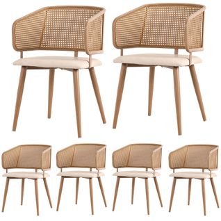Lot De 6 Chaises Salle à Manger, Dossier Rotin, Assise Confortable Pu - Design Moderne, Beige