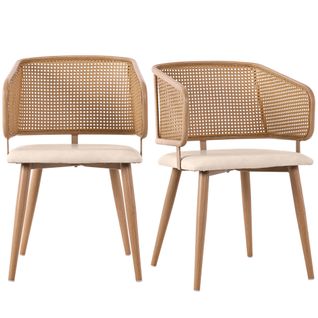 Lot De 2 Chaises Salle à Manger, Dossier Rotin, Assise Pu Confortable, Design Moderne, Beige