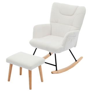 Fauteuil à Bascule Relax Rembourré Ajustable, Repose-Pieds Amovible, Dossier Haut, Teddy, Blanc