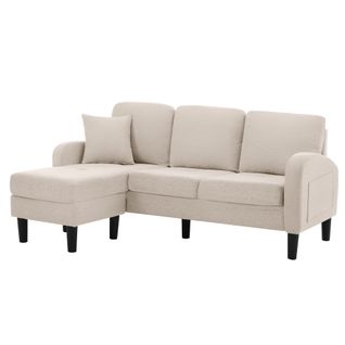 Canapé D’Angle Avec Méridienne À Gauche, 3 Places, 3 Coussins, Tissu Lin, Beige