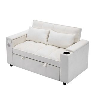 Canapé-lit 2 Places 3-en-1 Avec Ports USB/type-c Et Plateau Rotatif, Porte-gobelet, Tissu Beige