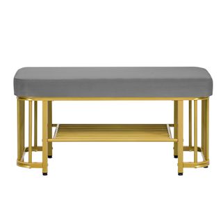 Banc à Chaussures En Velours Avec Pieds Réglables – Cadre Métallique, Gris Et Or