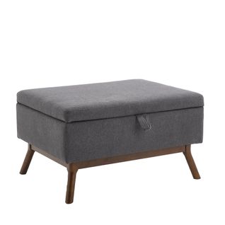 Pouf De Rangement Multifonction En Mousse Et Pu Avec Coussin Et Pieds Bois - Gris Foncé