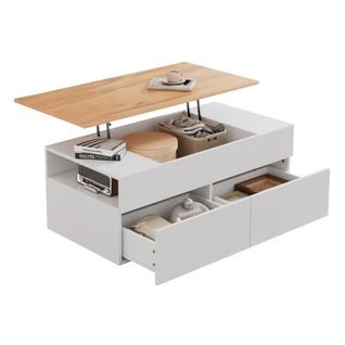 Table Basse Avec 2 Tiroirs Et Espace De Rangement - Mdf - 100x50x40 Cm - Blanc + Bois Naturel