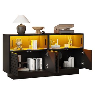 Buffet Salon LED Télécommandé, 4 Placards, Portes Verre, Particules+verre Trempé, Noir