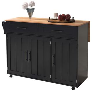 Desserte Îlot De Cuisine Roulante Avec Plateau Pliant Et Tiroir De Rangement, Mdf, Noir