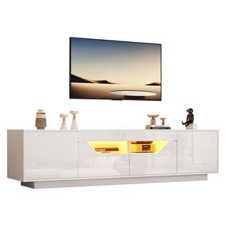 Meuble TV Avec 2 Tiroirs, 2 Étagères Et LED, Compatible TV 75 Pouces, Panneau De Particules, Blanc