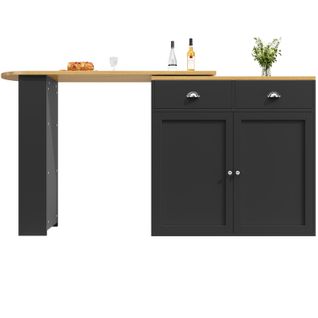 Table à Manger Pivotante 360° Avec 2 Tiroirs, Meuble De Rangement Mdf, Noir + Naturel