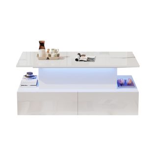Table Basse, LED Intégrée, 4 Tiroirs, Grand Rangement, Design Moderne, Blanc