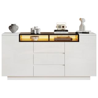 Buffet Avec 2 Portes, 3 Tiroirs, Étagères Réglables Et LED Intégré - Blanc/noir