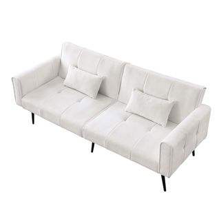 Canapé Convertible 2 Places En Tissu Blanc Doux, Structure Bois Et Pieds Métal, Confortable