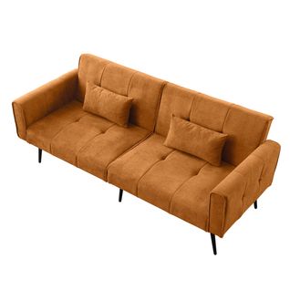 Canapé Convertible Double 2 Places En Tissu Orange Doux, Structure Bois Et Pieds Métal, Confortable