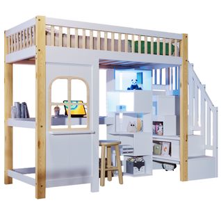 Lit Mezzanine Enfant 90x200 Cm Avec LED, Échelle, Bureau, Prise De Courant, Blanc Et Naturel