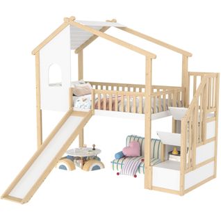 Lit Mezzanine Enfant 90x200 Cm Avec Échelle, Fenêtre, Toboggan, Barrière, Naturel Et Blanc