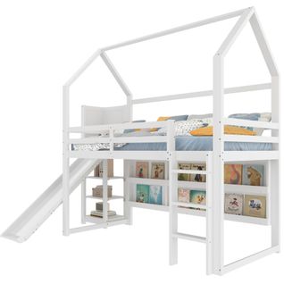 Lit Mezzanine Enfant 90x200 Cm Avec Bande LED, Étagères, Clôture, Blanc