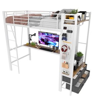 Lit Mezzanine 90x200 Cm En Fer Avec Bureau, Étendoir, 4 Tiroirs, Prise USB + Type-c, LED, Blanc