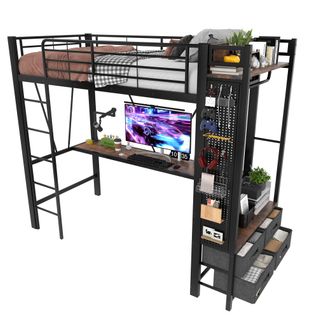 Lit Mezzanine 90x200 Cm En Fer Avec Bureau, Étendoir, 4 Tiroirs, Prise USB + Type-c, LED, Noir