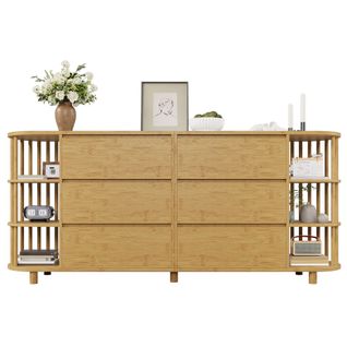 Commode 160x40x75cm, 6 Tiroirs, Compartiments Ouverts, Avec Colonnes Et Étagères En Bambou, Chêne