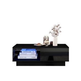 Table Basse Rectangulaire Moderne 95x55x32cm, Avec Bande Lumineuse LED 16 Couleurs, 1 Tiroir, Noir