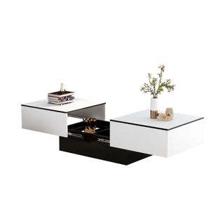 Table Basse Moderne 102/159x60x40cm, Rétractable, Avec Rangement, Blanc + Noir