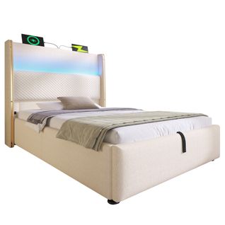 Lit Coffre 90x200 Cm Avec LED, Rangement, Tête De Lit Haute Et Ports USB/type-c, Lin Beige