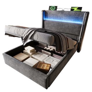 Lit Coffre 90x200 Cm Avec LED, Rangement, Tête De Lit Haute Et Ports USB/type-c, Lin Gris