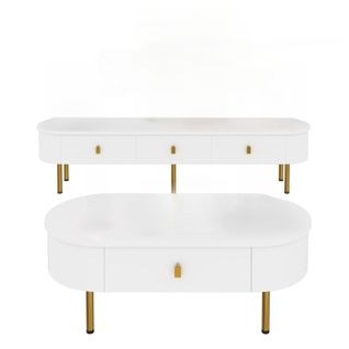 Ensemble Meuble TV Et Table Basse Avec Tiroirs, Coins Arrondis, Design Léger Et Élégant Pour Salon