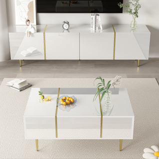 Ensemble Meuble TV Et Table Basse Blanche Laquée, Moderne Avec Rangement, 120x45x40 Cm