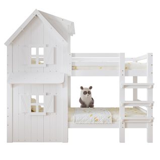 Lit Superposé Enfant 90x200 Cm Forme Cabane Blanc Avec Toit Et Fenêtres, Sécurité Et Échelle