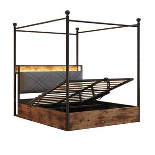 Lit Coffre 140x190 Cm 2 Places Multifonction Noir Avec LED, USB/type-c Et Rangement, Baldaquin