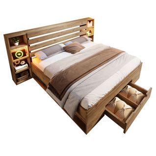 Lit Adulte 180x200 Cm, Lit En Bois Avec LED Et USB C, Tête De Lit Et Tiroirs De Rangement, Chêne