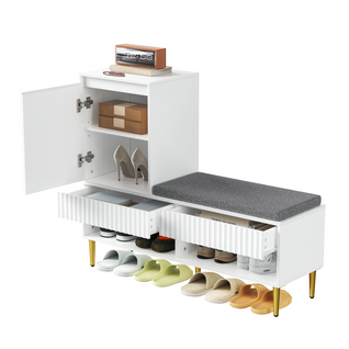 Meuble à Chaussures Moderne Blanc 100x35x90 cm Avec Banquette, 1 Porte, 2 Tiroirs, 2 Étagères