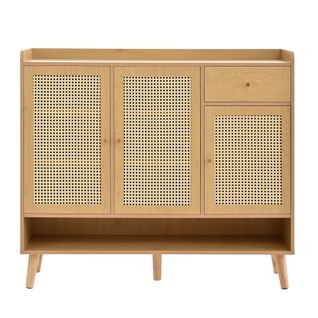 Meuble Chaussures Rotin Naturel, 3 Portes 1 Tiroir 5 Étagères, Pieds Bois B120×h106×t35 Cm