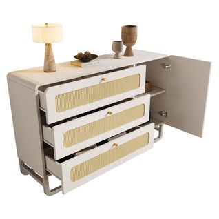 Commode Blanche à 3 Tiroirs En Rotin Avec Porte En Rotin Et Poignées Dorées, Étagères Réglables