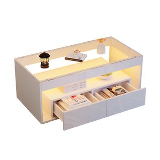 Table Basse LED Blanche 100x50x40 Cm Avec 2 Tiroirs De Rangement Et Plateau En Verre Trempé