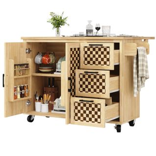 Desserte Bois à Roulettes Pliable, Îlot De Cuisine, 3 Tiroirs Et 2 Portes, Rangements, Motif Damier