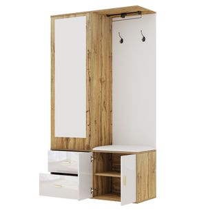 Vestiaire Blanc Et Bois, Meuble D’entrée, Miroir, Banc à Chaussures, 2 Tiroirs Et 2 Portes, Tringle