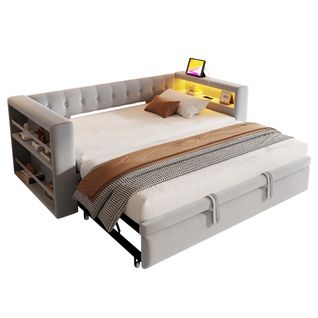 Lit Enfant 90/180x190 Cm, Lit Gigogne, Avec Éclairage LED, Prise Électrique, Gris Clair