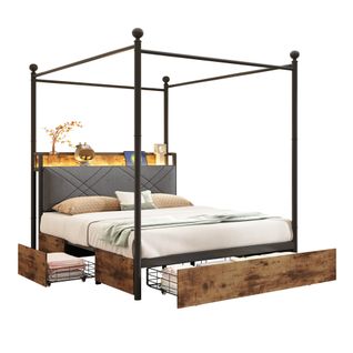 Lit Double 140 X 190 Cm, 3 Tiroirs, LED, USB/type-c, Montants De Lit Amovibles, Noir