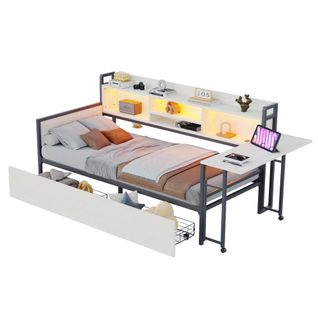 Lit Simple 90x200cm, LED, Espace De Rangement, 2 tiroirs, Bureau Pliant,  Blanc