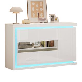 Buffet Blanc Brillant 140 Cm Avec Portes Vitrées Et LED à Télécommande
