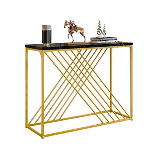 Console Noire Effet Marbre 100 Cm Avec Cadre Doré En Métal, Design Rétro Luxueux