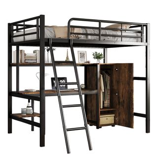 Lit Mezzanine 90x200 Cm Métal Noir Sécurisé Avec Bureau Et Rangement Intégré Pour Enfants Et Ados