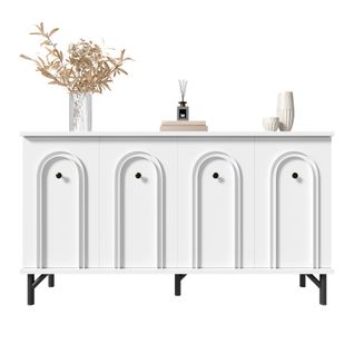 Buffet Blanc L.140 Cm 4 Portes Avec Étagères Réglables Et Soft-close, Pieds Métalliques Stables