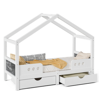 Lit Cabane Enfant 90x200 Cm Avec 2 Grands Tiroirs, 2 Planches à Dessin, En Bois Et Mdf, Balnc
