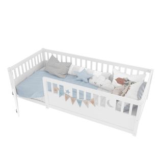 Lit Au Sol 90x190 Cm, Lit Au Sol Bébé, Lit Enfant Avec Barrière De Sécurité, Blanc