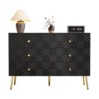 Commode Noire 120×40×80 Cm à 6 Tiroirs Avec Pieds Dorés Et Design Géométrique