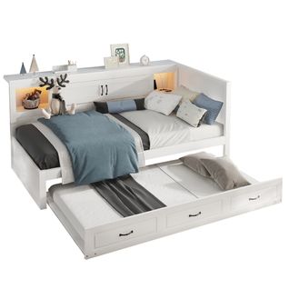 Lit Enfant 90x200cm Avec Lit Gigogne 90x190cm LED, Rangement Et Prises USB Intégrées, Blanc